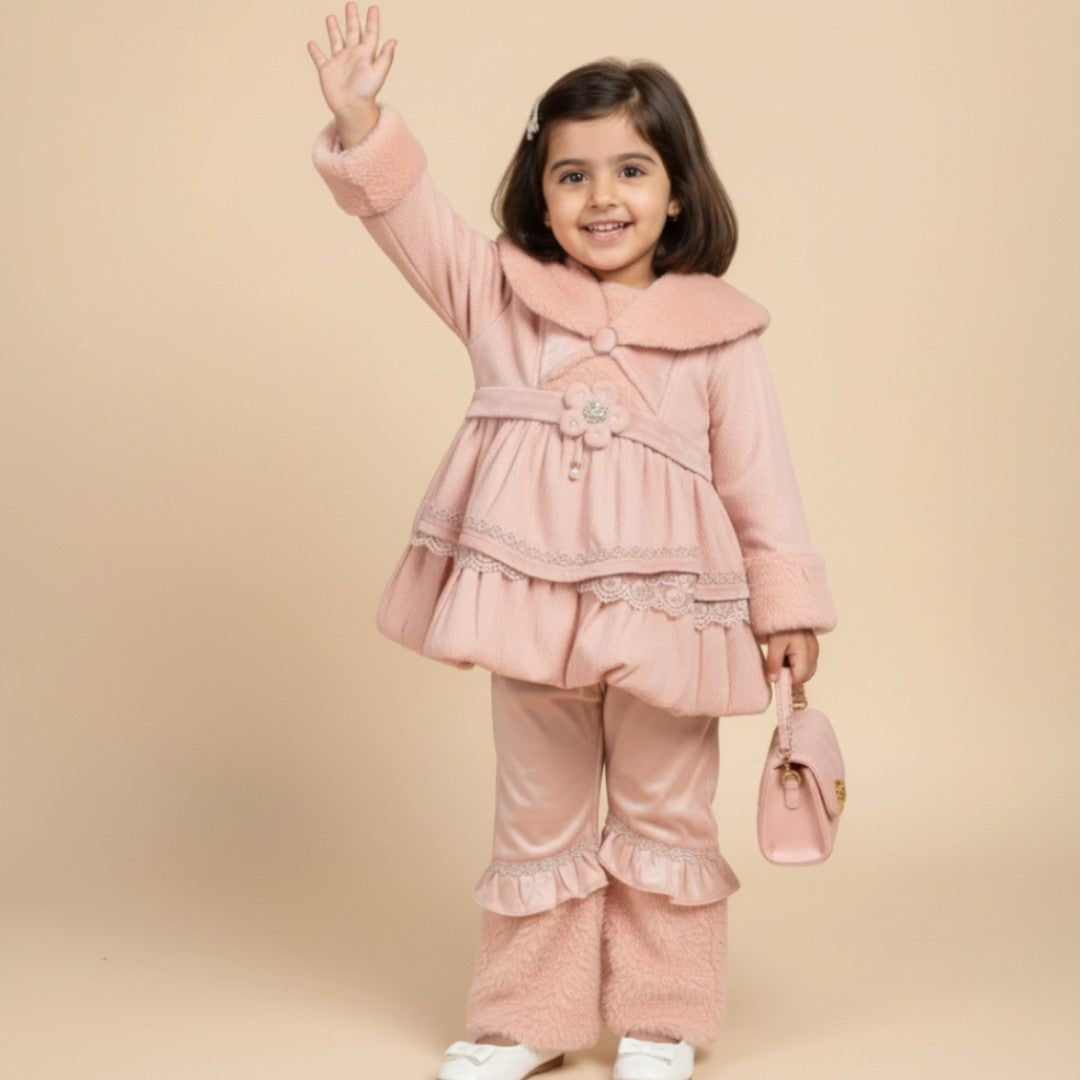 Girls Pink Winter Fur Frock and Trouser Set