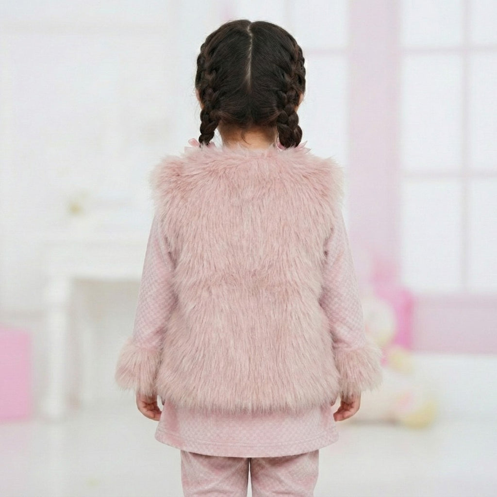 Pink Winter Fur Coat and Trouser Shirt Set
