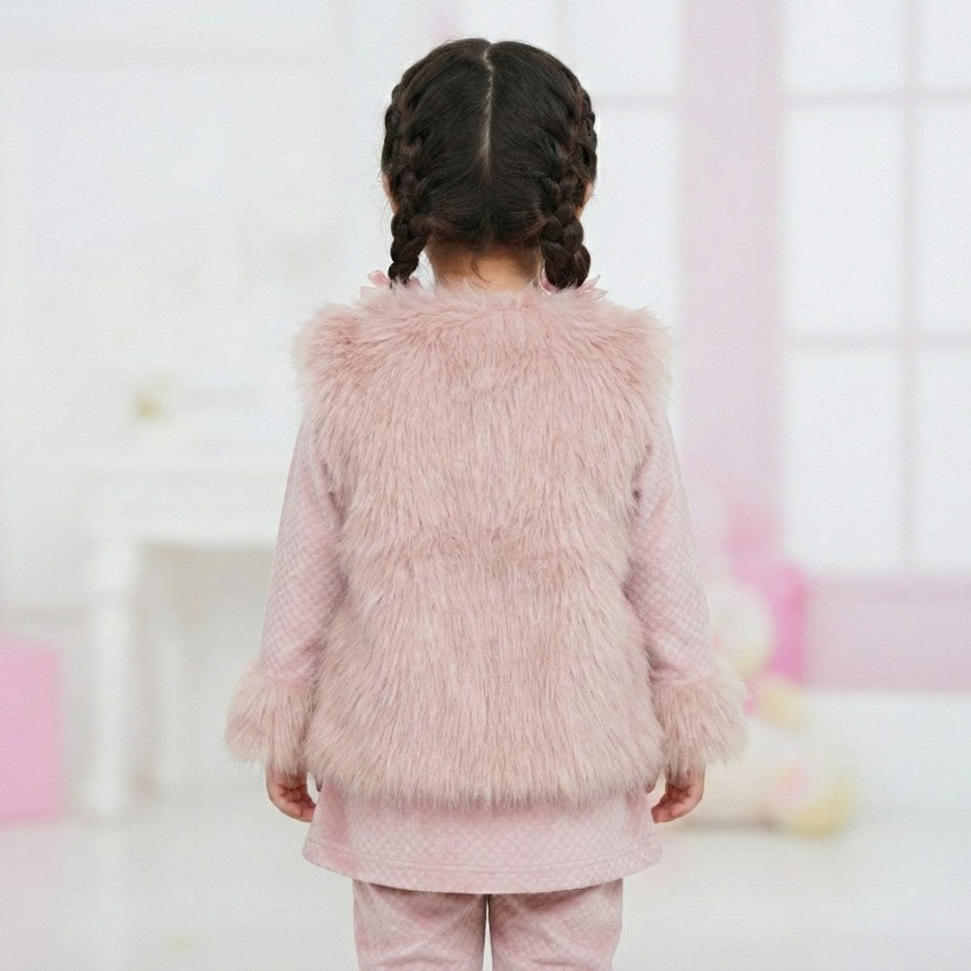 Pink Winter Fur Coat and Trouser Shirt Set