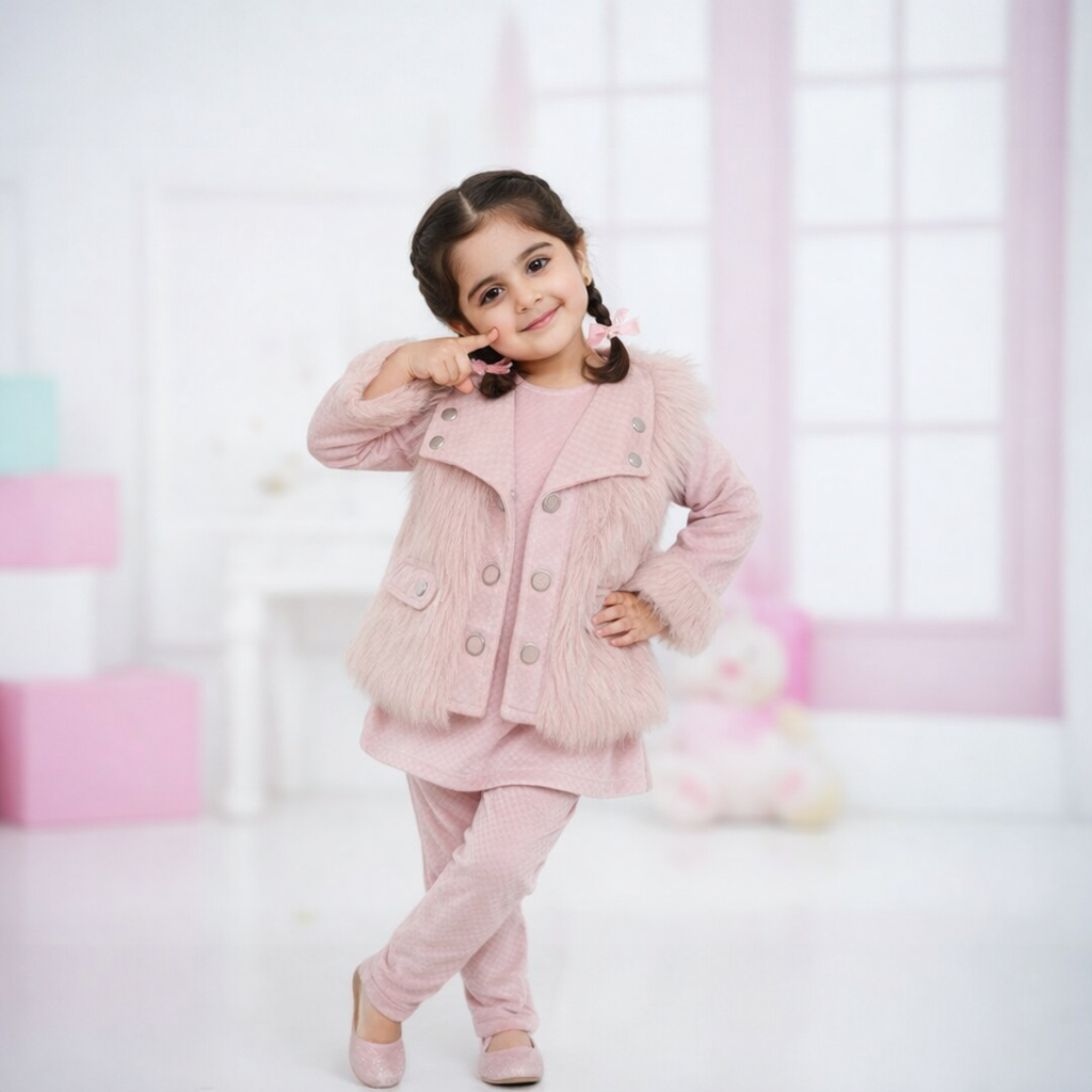 Pink Winter Fur Coat and Trouser Shirt Set