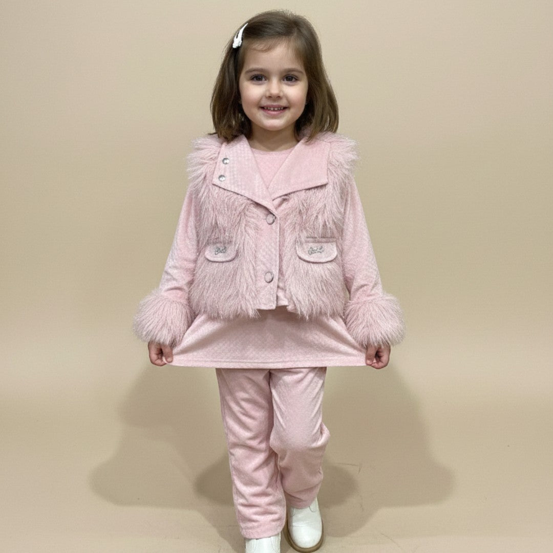 Pink Winter Fur Coat and Trouser Shirt Set