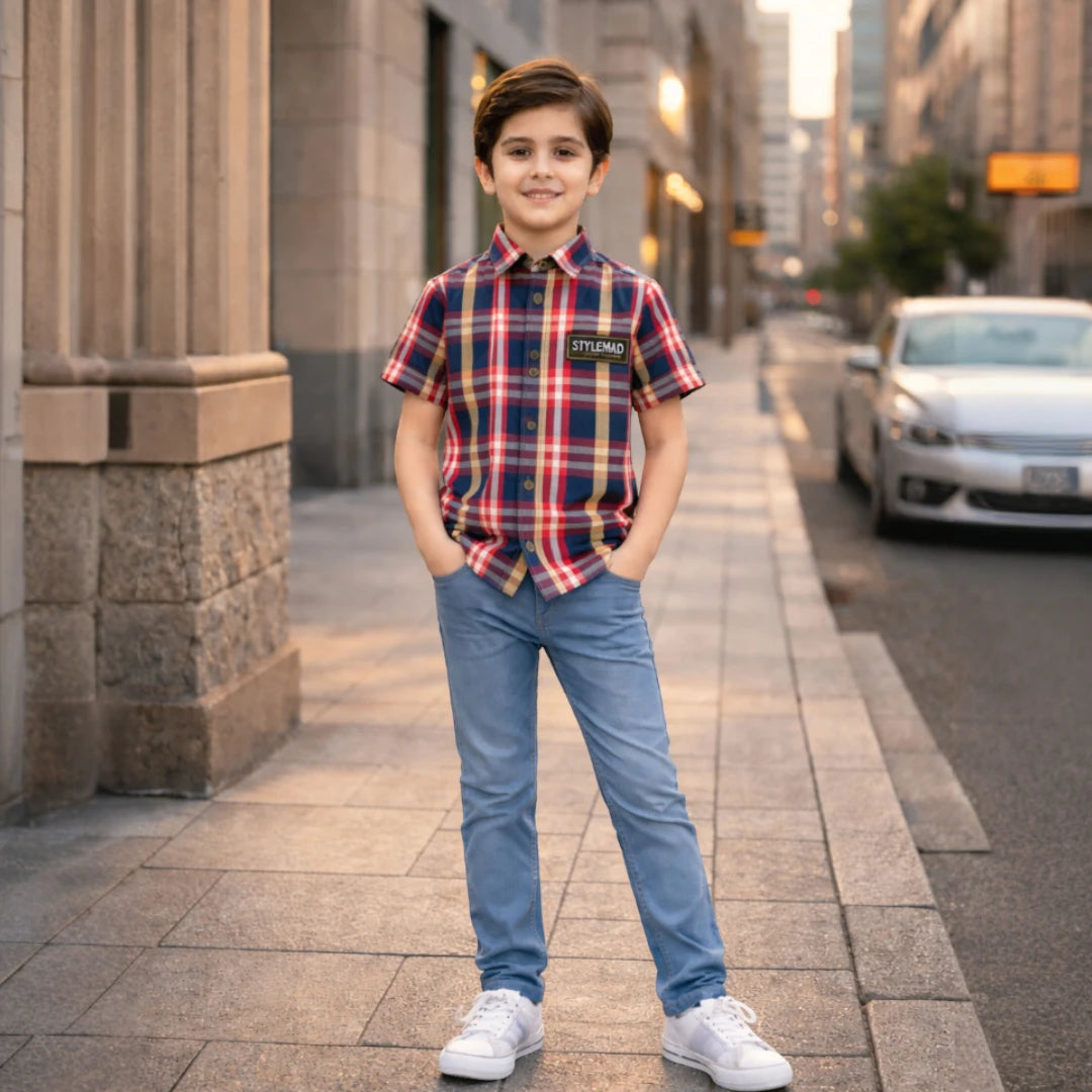 Red check boys short sleeve plaid shirt Summer And Eid Collection in Pakistan