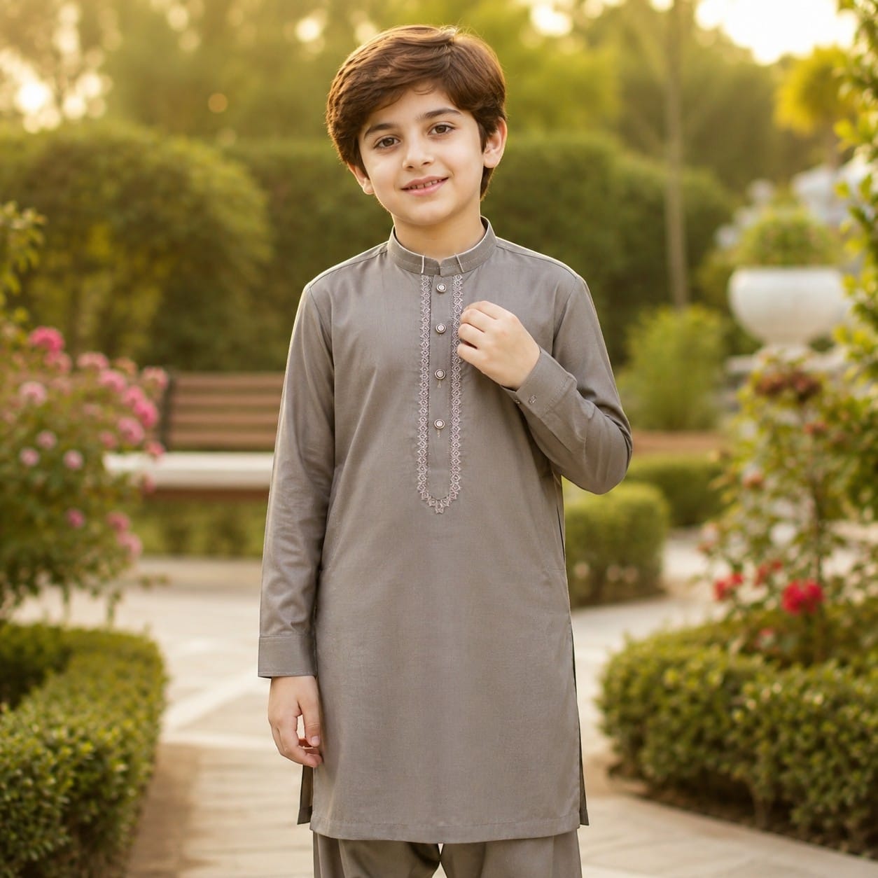 Slate Grey traditional embroidered shalwar kameez for boys