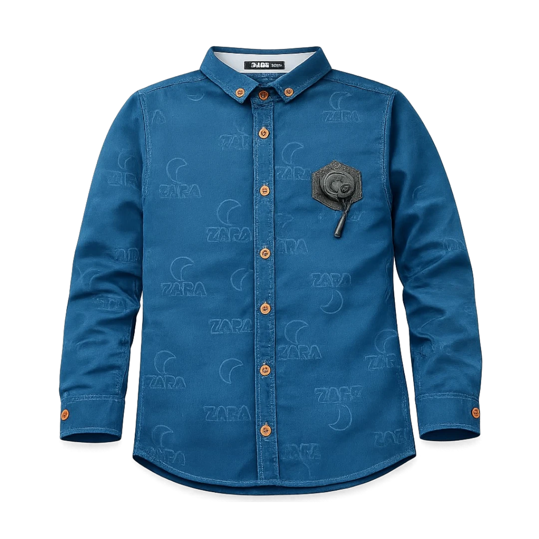 Teal blue boys long sleeve button down shirt with embossed pattern and wooden buttons, premium smart casual kids party wear shirt for boys summer and Eid collection in Pakistan