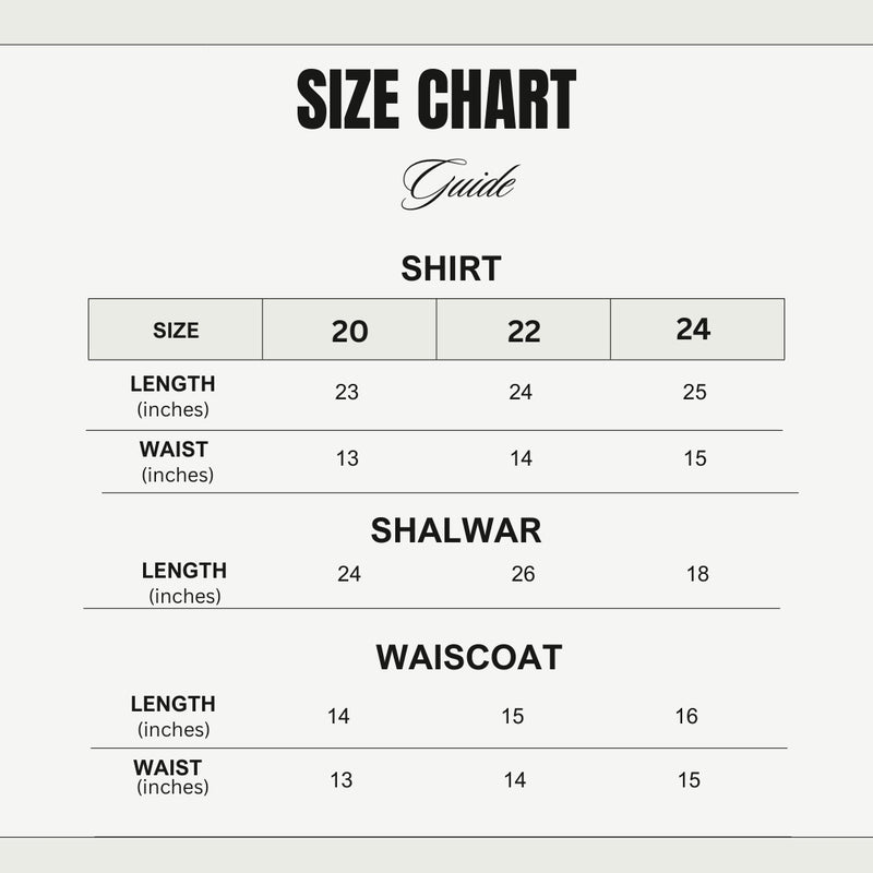 Size chart for Black Shalwar Kameez with Grey Waistcoat