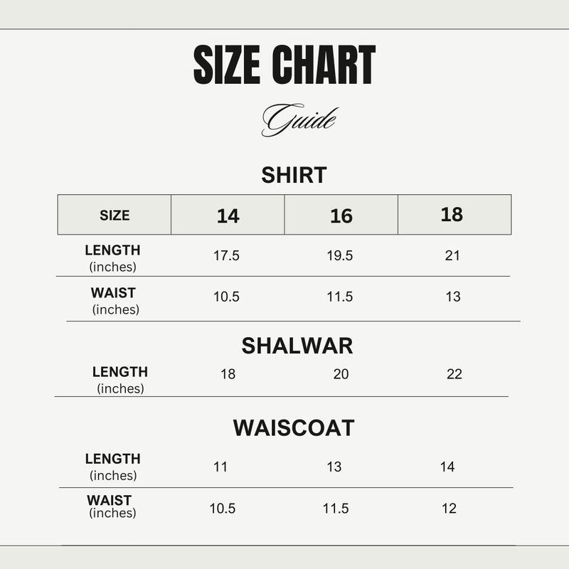 Size chart for White Shalwar Kameez with White and Grey Waistcoat