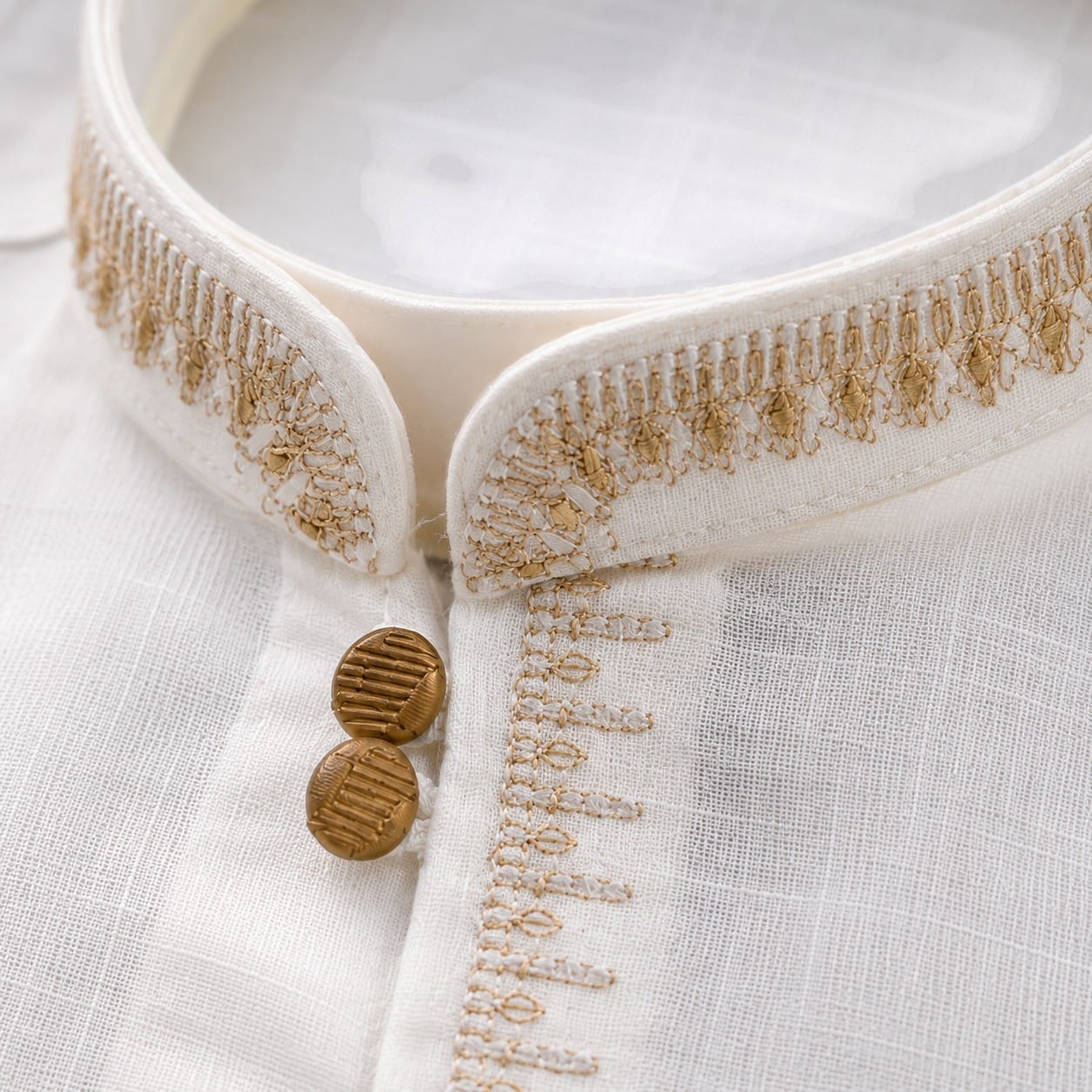 White Shalwar Kameez for Boys neckline design closeup