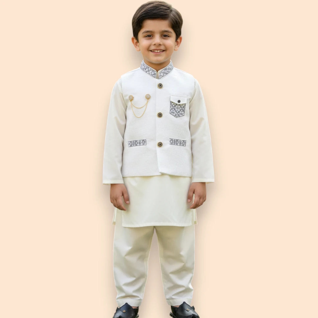 White Shalwar Kameez with White and Grey Waistcoat