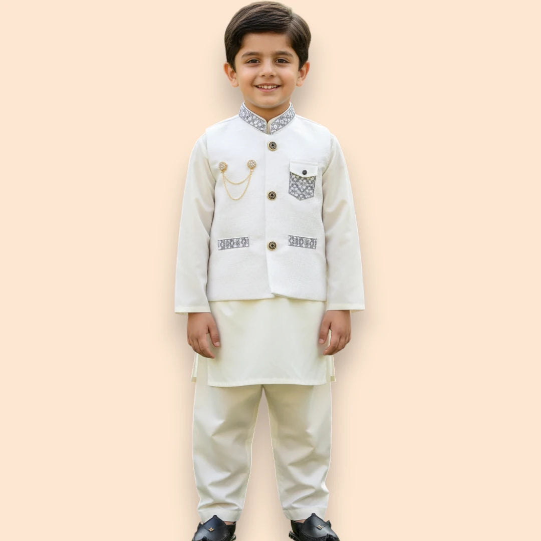 White Shalwar Kameez with White and Grey Waistcoat