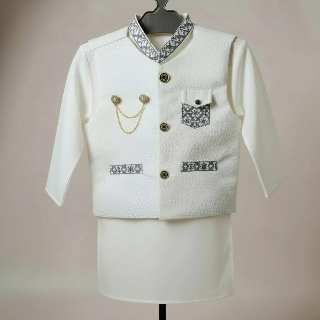 White Shalwar Kameez with White and Grey Waistcoat