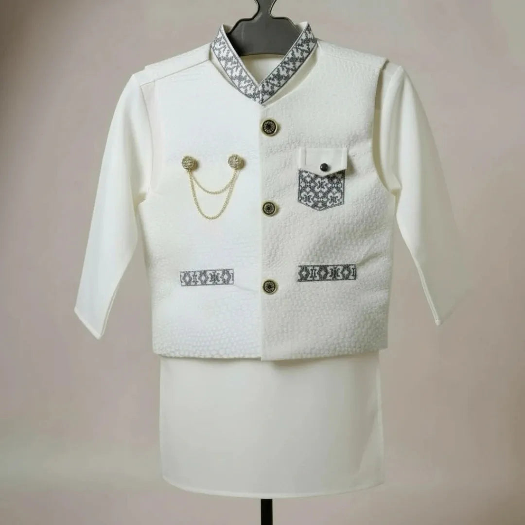 White Shalwar Kameez with White and Grey Waistcoat