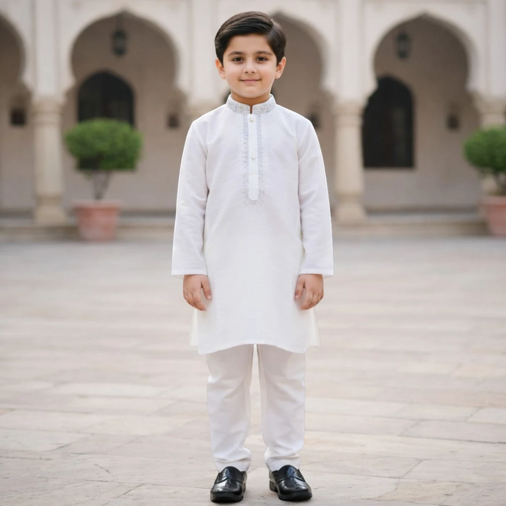 White boys shalwar kameez with embroidered neckline detail, premium kids Eid and summer outfit, traditional Pakistani boys wedding wear and formal Islamic dress for special occasions
