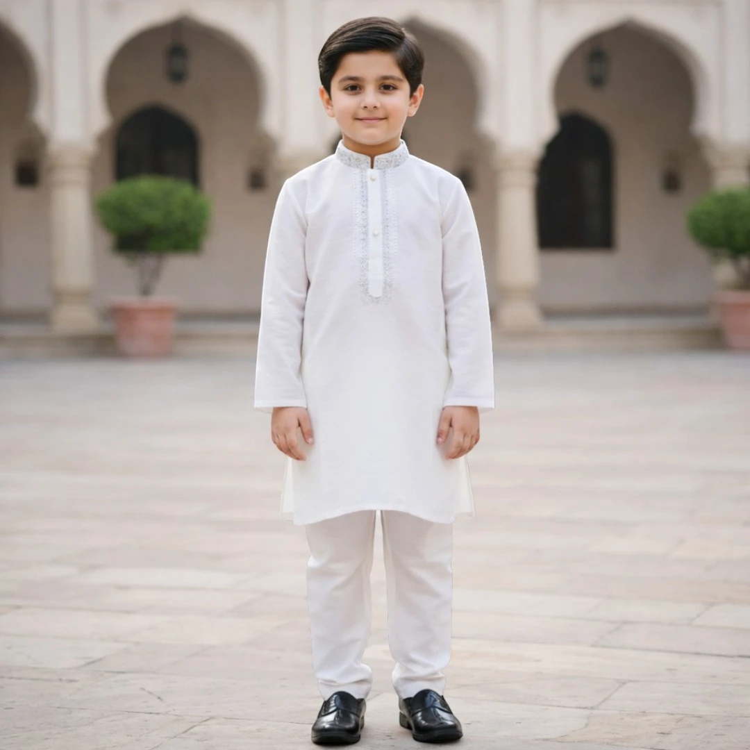 White boys shalwar kameez with embroidered neckline detail, premium kids Eid and summer outfit, traditional Pakistani boys wedding wear and formal Islamic dress for special occasions