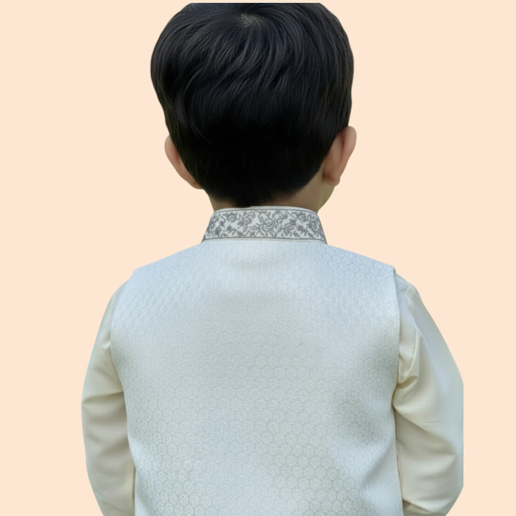 White Shalwar Kameez with White and Grey Waistcoat