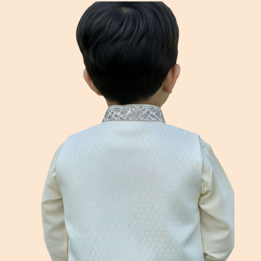 White Shalwar Kameez with White and Grey Waistcoat