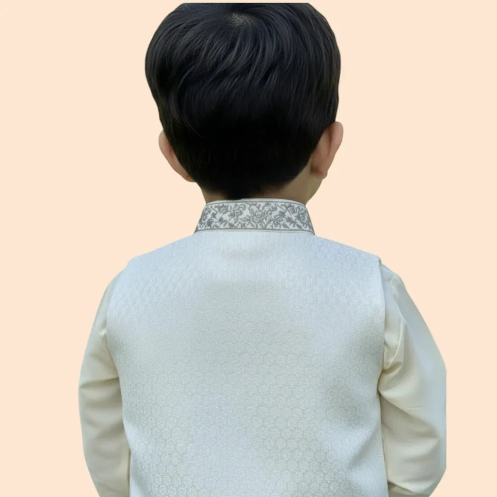 White Shalwar Kameez with White and Grey Waistcoat