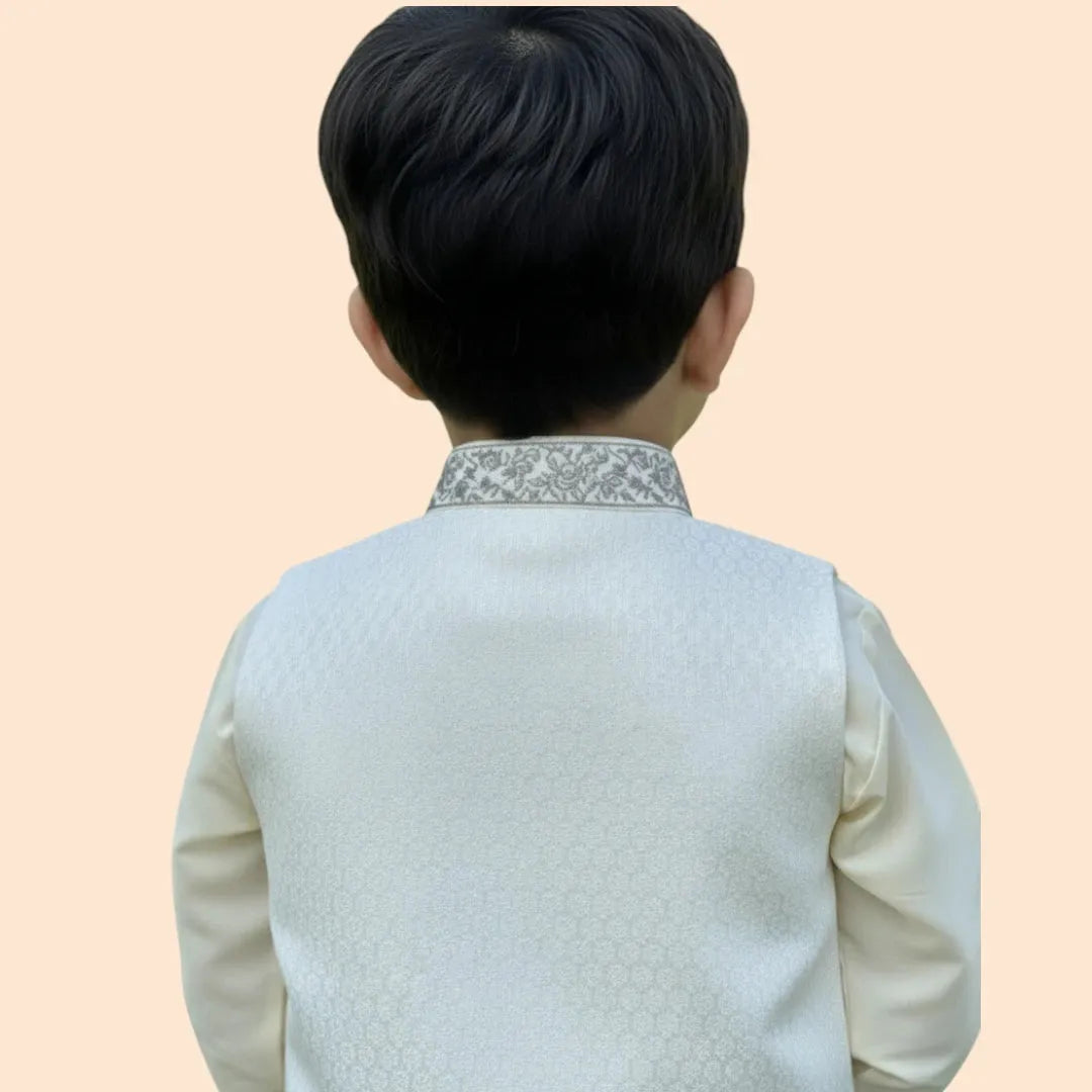 White Shalwar Kameez with White and Grey Waistcoat