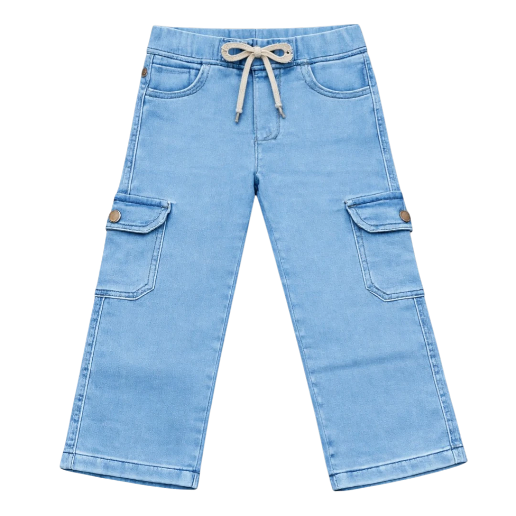 Boys relaxed fit cargo denim pants with drawstring waistband and side flap pockets, trendy kids casual trousers for everyday wear and street style outfits in Pakistan