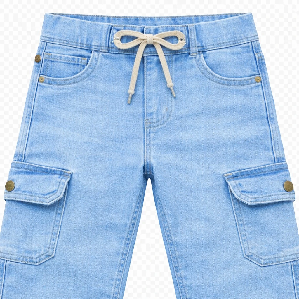 Boys relaxed fit cargo denim pants with drawstring waistband and side flap pockets, trendy kids casual trousers for everyday wear and street style outfits in Pakistan