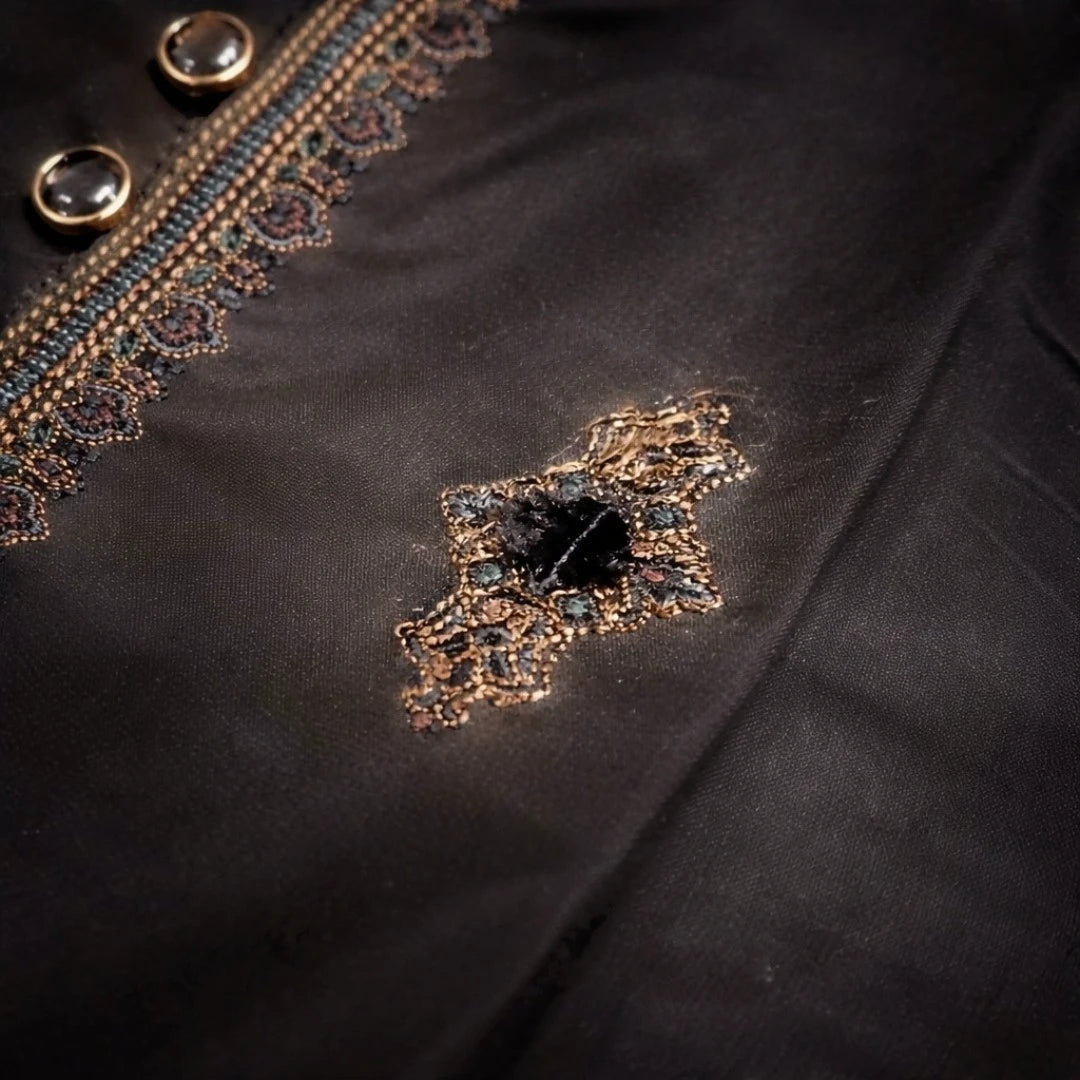 Black boys shalwar kameez with embroidered collar and placket detail, premium kids Eid and wedding outfit,  summer traditional Pakistani boys formal wear for special occasions