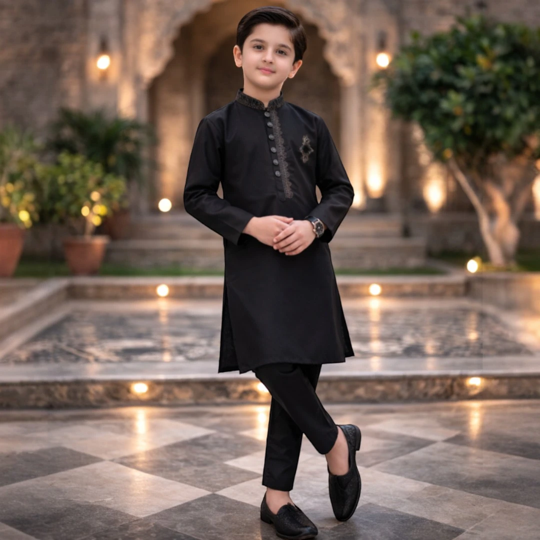 Black boys shalwar kameez with embroidered collar and placket detail, premium kids Eid and wedding outfit,  summer traditional Pakistani boys formal wear for special occasions