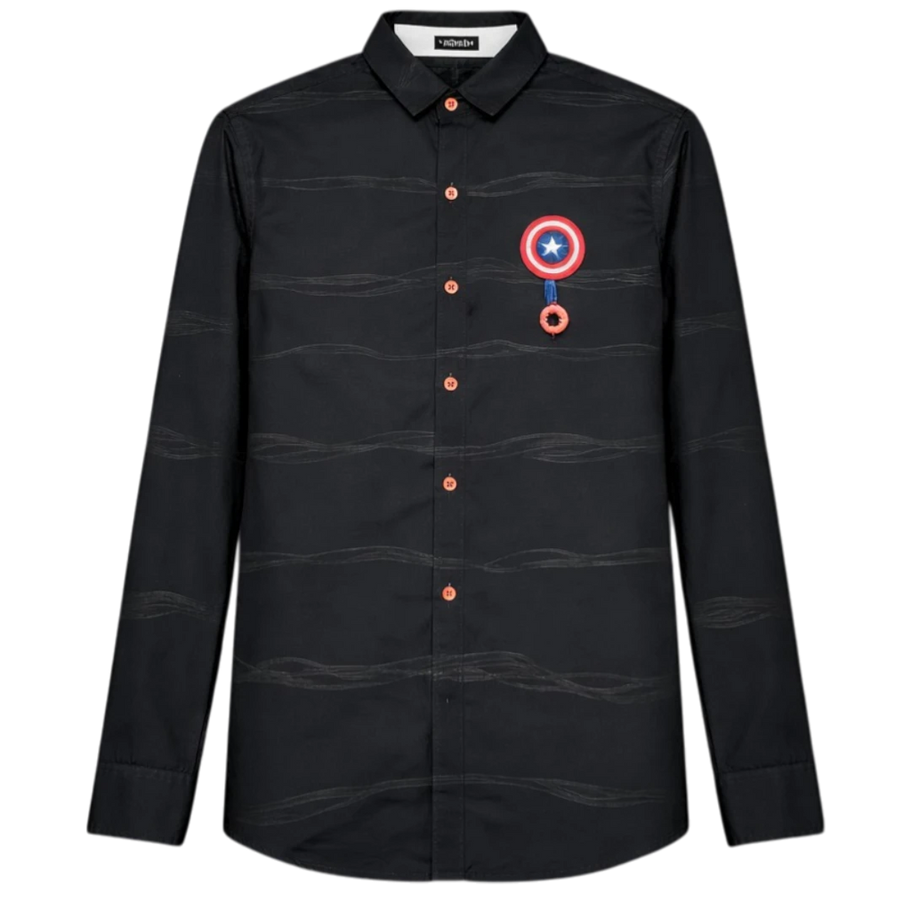 Black boys long sleeve button down shirt with shield patch premium kids party wear shirt for boys stylish formal and casual outfit for Summer and Eid  in Pakistan