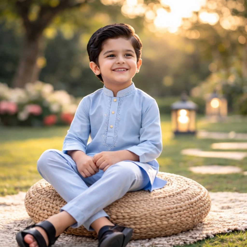 Light blue boys shalwar kameez with embroidered neckline, premium kids Eid dress, traditional Pakistani boys festive outfit for weddings and special occasions and summer collection