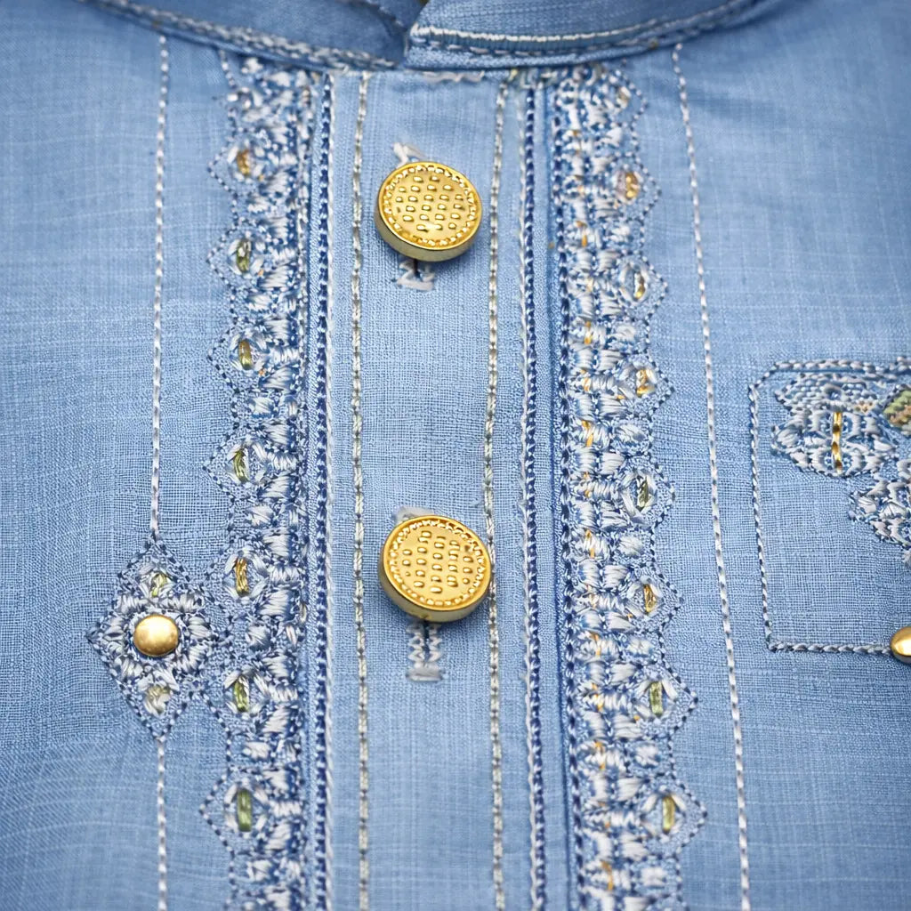 Light blue boys shalwar kameez with embroidered neckline, premium kids Eid dress, traditional Pakistani boys festive outfit for weddings and special occasions and summer collection