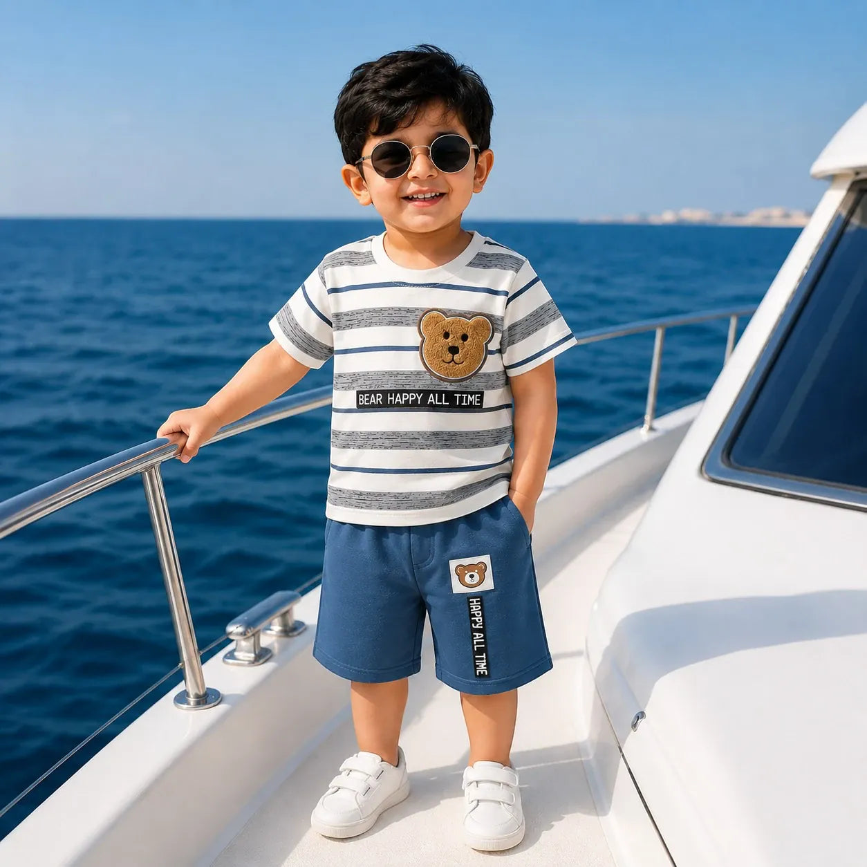 blue teddy bear shorts shirt for summer collection