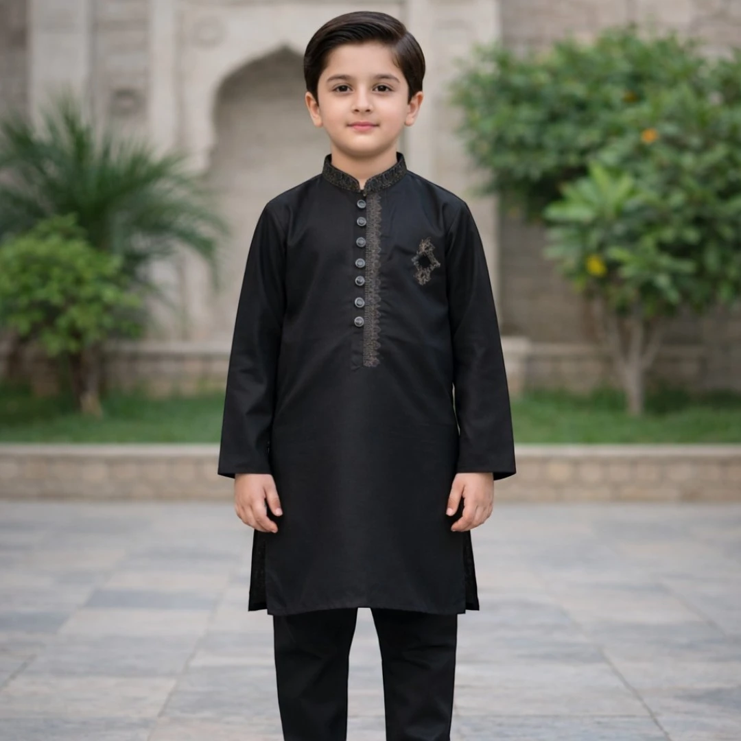 Black boys shalwar kameez with embroidered collar and placket detail, premium kids Eid and wedding outfit,  summer traditional Pakistani boys formal wear for special occasions