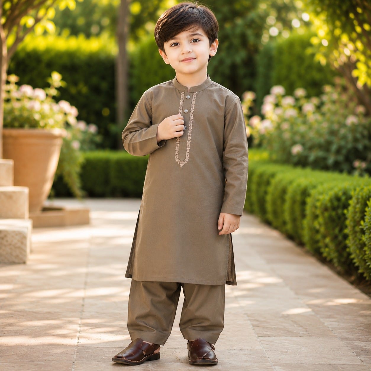brown traditional embroidered shalwar kameez for boys