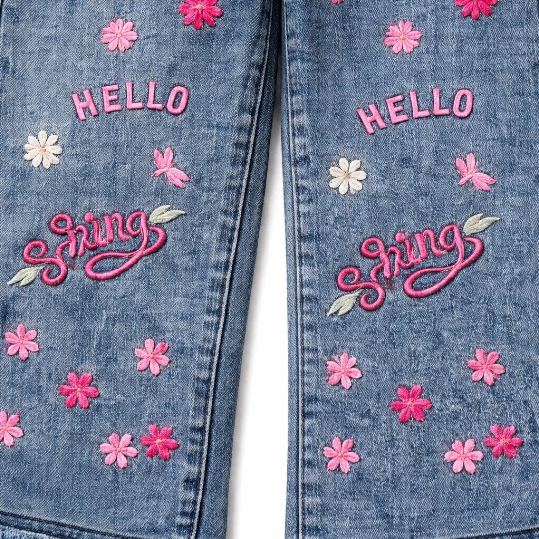 Girls wide leg embroidered denim pants with floral design and text detail, trendy kids casual wear trousers for girls in Pakistan, stylish comfortable everyday outfit