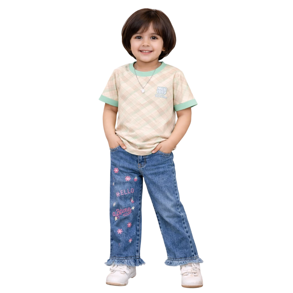 light green check print stretch blend T-shirt with attached necklace and blue embroidered jeans