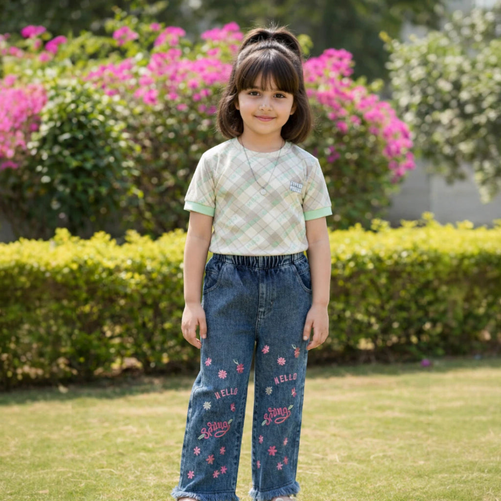 light green check print stretch blend T-shirt with attached necklace and blue embroidered jeans