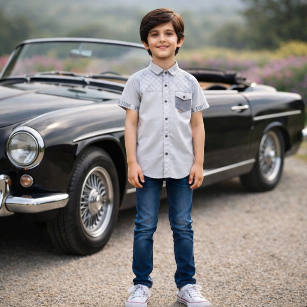 Cotton grey casual shirt for boys. Soft, breathable fabric.