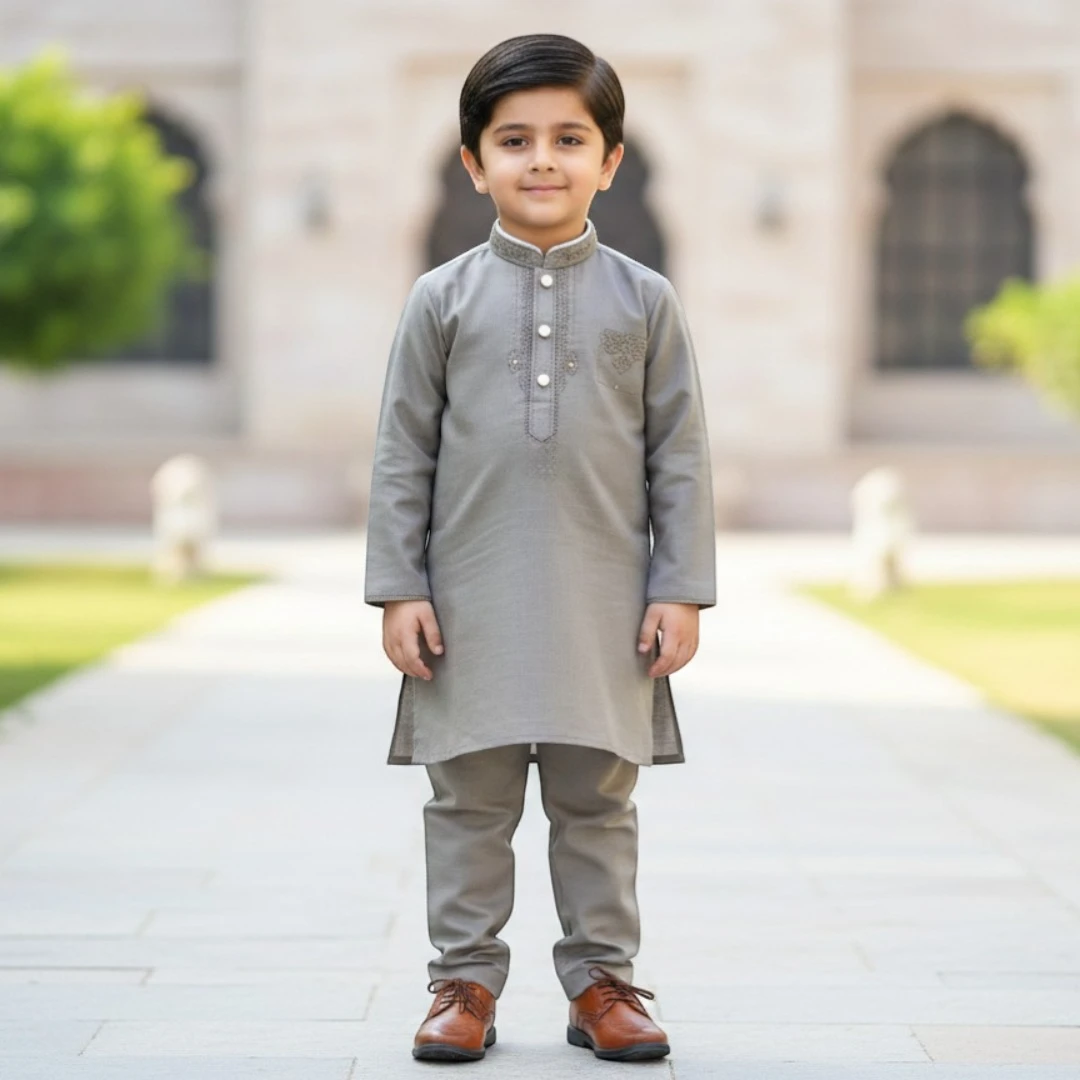 grey boys shalwar kameez with embroidered neckline, premium kids Eid dress, traditional Pakistani boys festive outfit for weddings and special occasions and summer collection