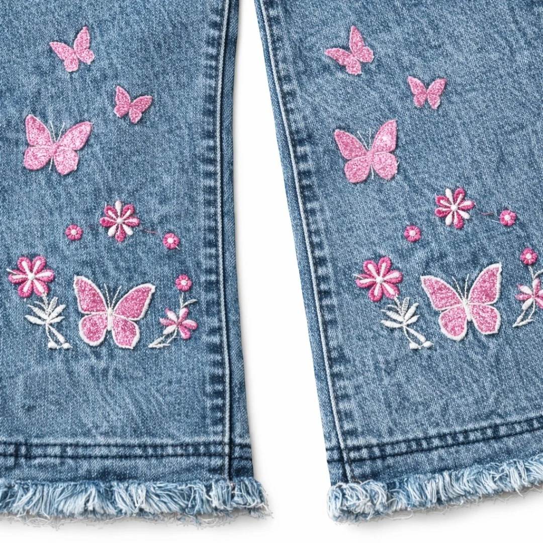 Girls wide leg denim pants with butterfly and floral embroidery design, trendy kids casual wear trousers for girls in Pakistan, stylish comfortable everyday outfit[