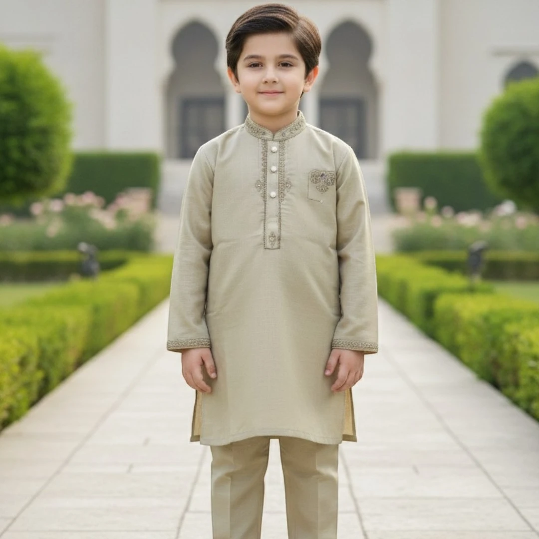 olive green boys shalwar kameez with embroidered neckline, premium kids Eid dress, traditional Pakistani boys festive outfit for weddings and special occasions and summer collection