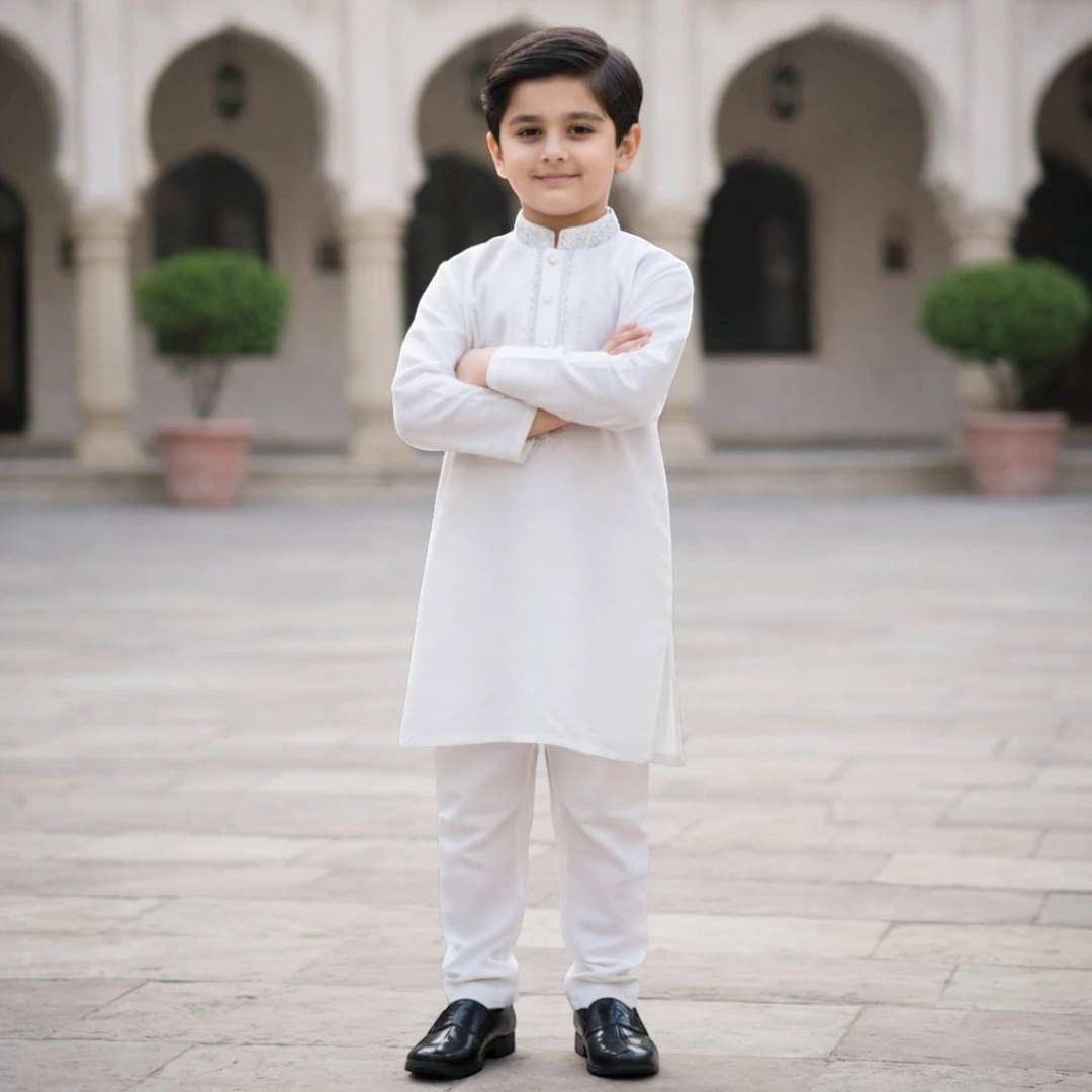 White boys shalwar kameez with embroidered neckline detail, premium kids Eid and summer outfit, traditional Pakistani boys wedding wear and formal Islamic dress for special occasions