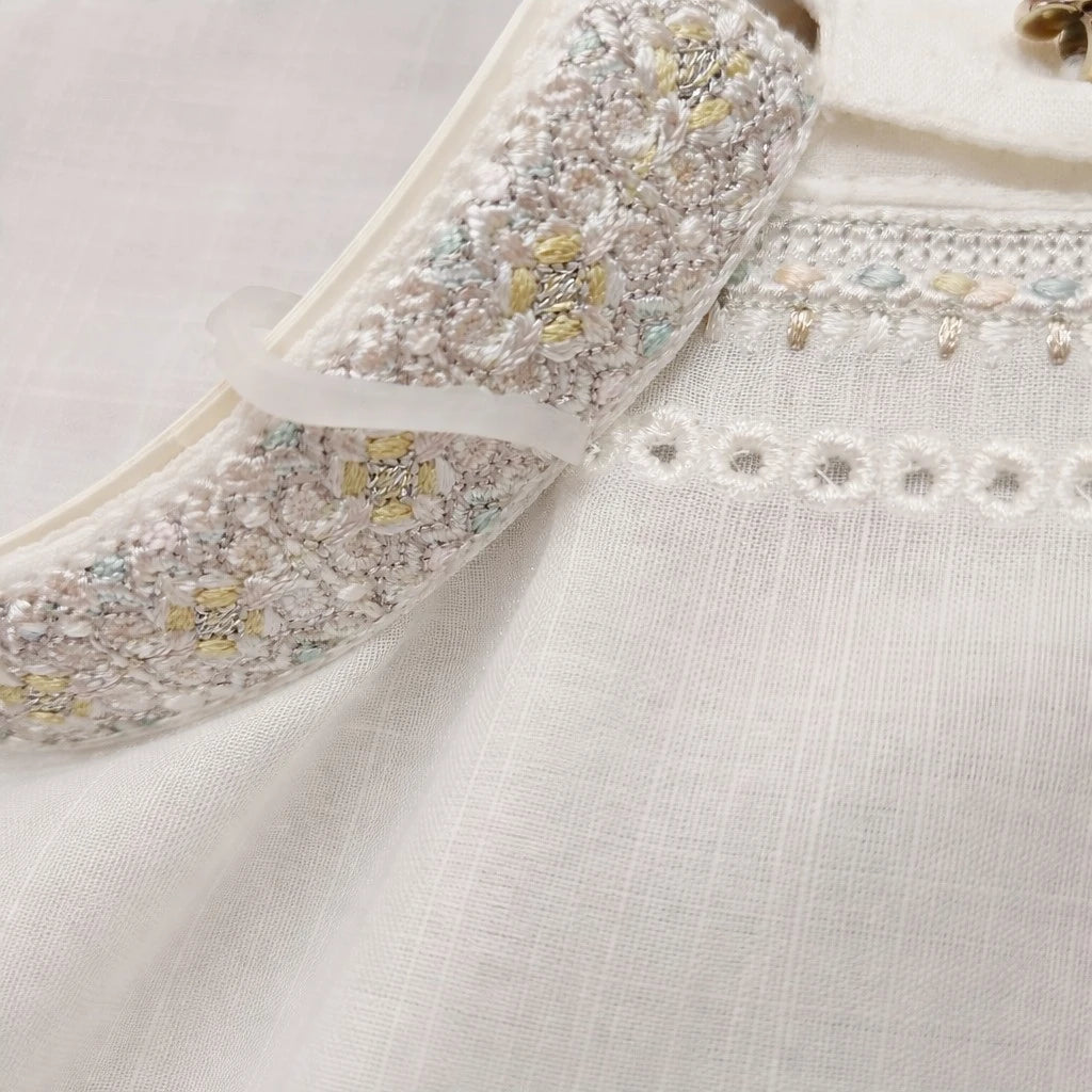White boys shalwar kameez with embroidered neckline detail, premium kids Eid and summer outfit, traditional Pakistani boys wedding wear and formal Islamic dress for special occasions