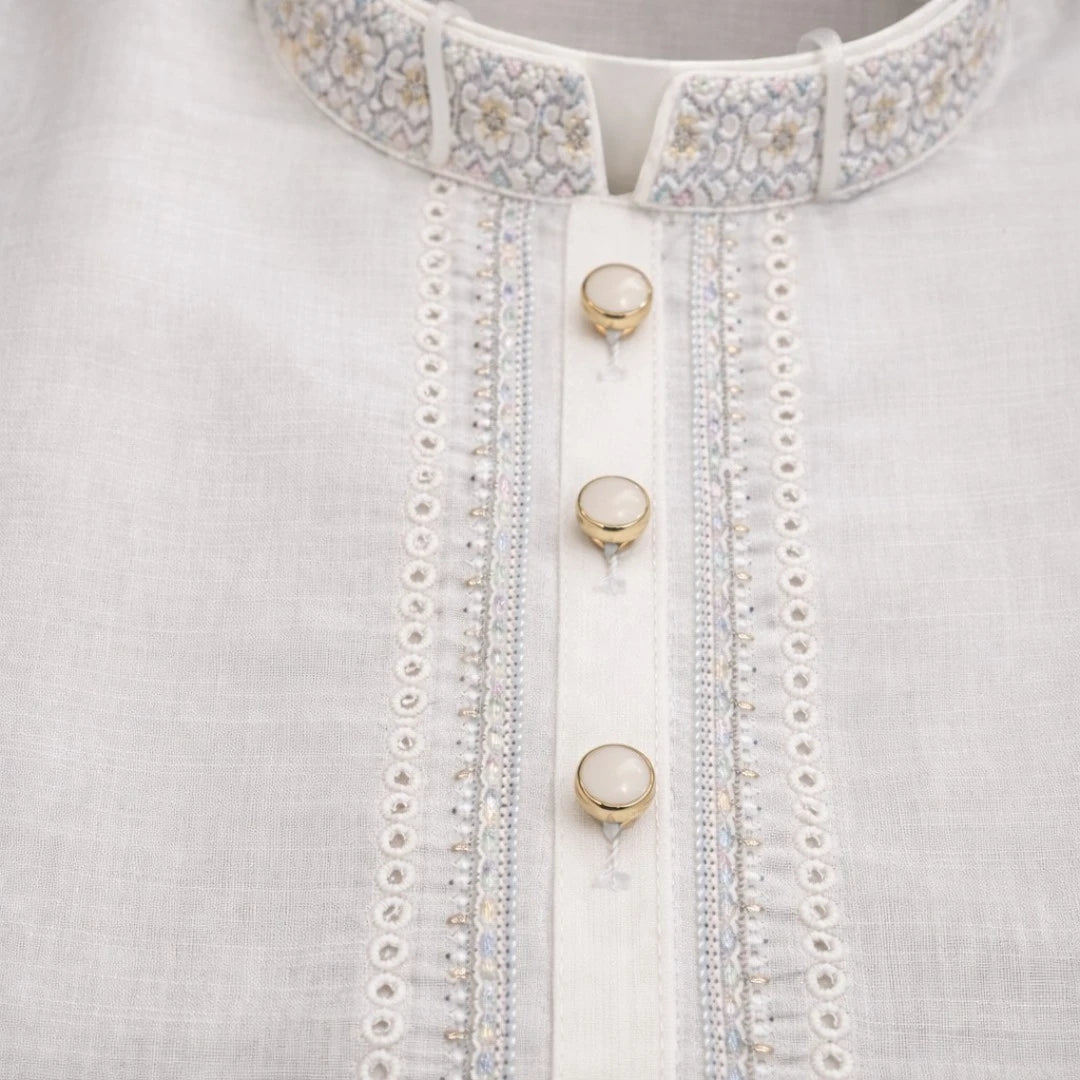 White boys shalwar kameez with embroidered neckline detail, premium kids Eid and summer outfit, traditional Pakistani boys wedding wear and formal Islamic dress for special occasions